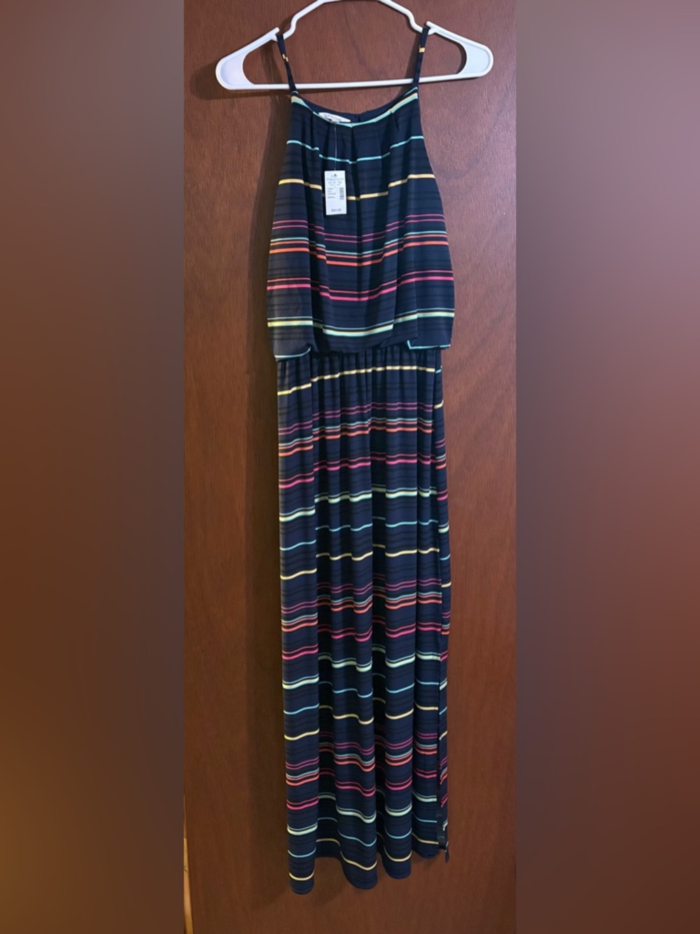 Maurices Navy Dress with Teal, Yellow and Pink Stripes